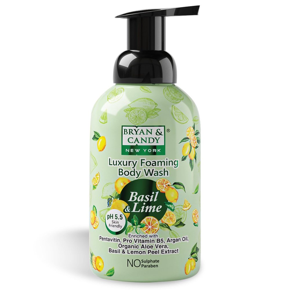 BRYAN & CANDY Basil & Lime Luxury Foaming Body Wash With Pentavitin,Pro Vit B5,Argan Oil,Aloe Vera, Basil & Lemon Peel Extract, Skin Friendly Ph 5.5, All Skin Types, 400 Ml 400 Ml (Pack Of 1) White