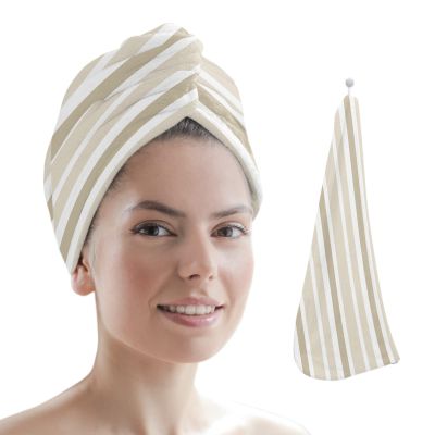 LEOKOTI Beige Brown White Color Stripes Hair Towel Wrap with Buttons, Cream-Colored Pattern Microfiber Super Absorbent Bath Shower Hair Drying Cap for Women, 26" x 10"