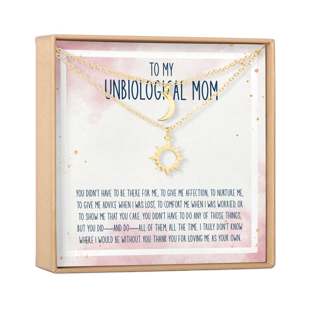 Dear Ava Unbiological Mom Gift Necklace Set: Present for Bonus Mom, Other Mother, Adopted Mom (Sun & Moon, Gold)