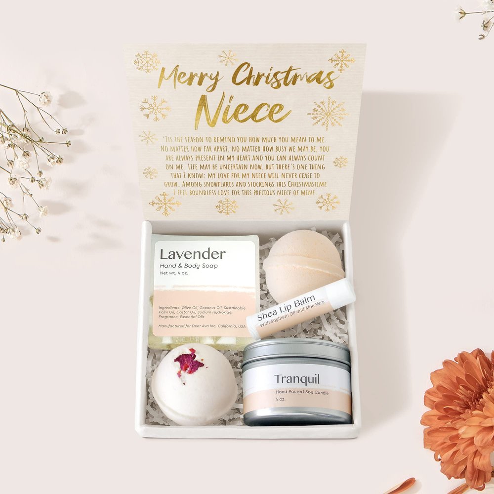 Dear Ava Spa Gifts for Women - Organic Self Care luxury Anti Stress Relaxing Bath and Body Kit Set Basket Box for Her with Heartfelt Card - Merry Christmas Gift for Niece