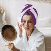 Teamery Microfiber Hair Towel Wrap Ultra Absorbent Fast Drying Hair Turban Soft No Frizz Hair Wrap Towels for Women Wet Hair, Curly, Longer, Thicker Hair, Purple White Stripes view 3