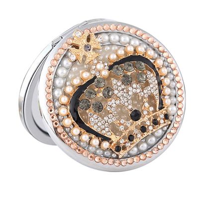 Beaupretty Rhinestone Round Folding Compact Mirror: Portable Pocket Makeup Mirror Double- Sided Gold Plating Travel Mirror with Snap Button for Pockets Bags