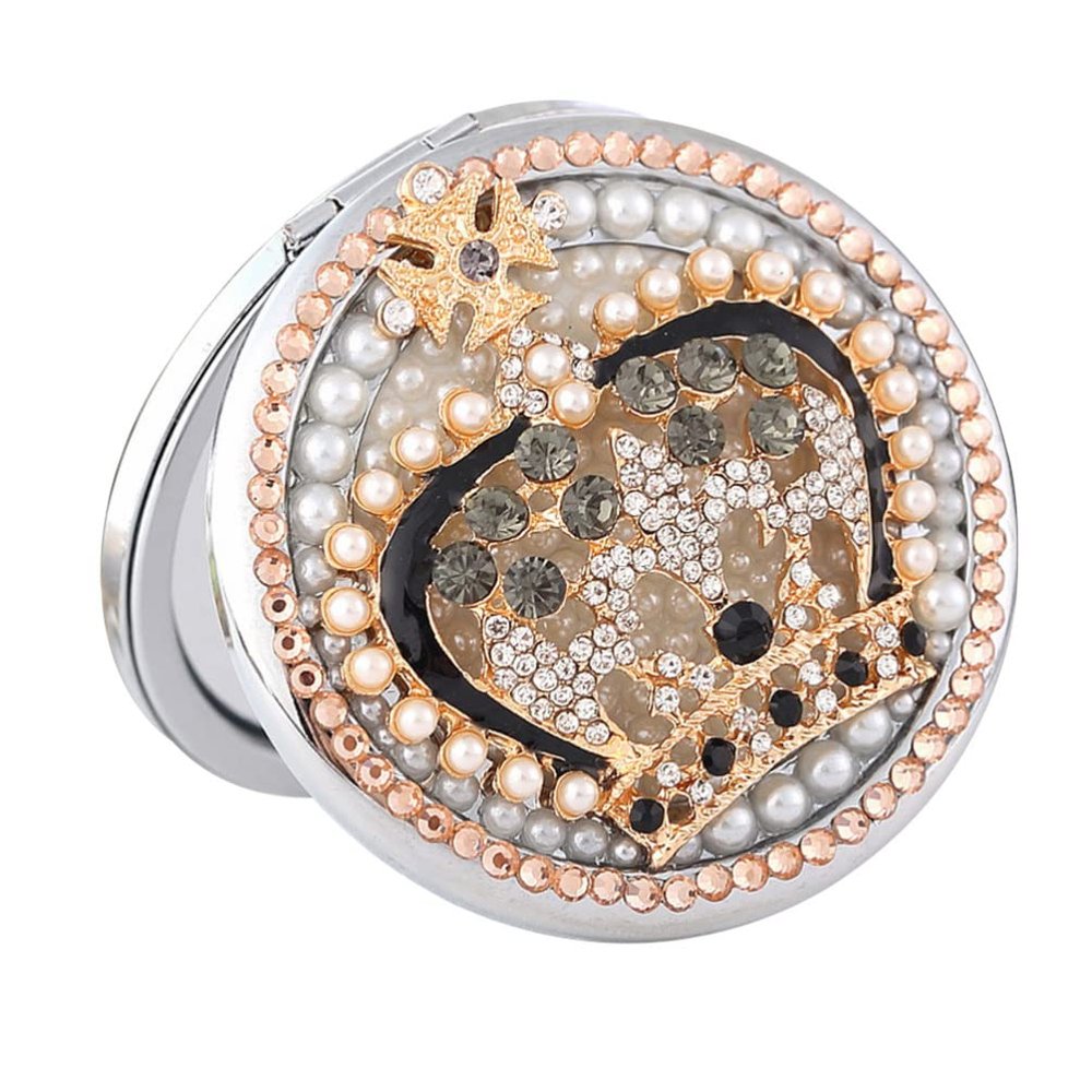 Beaupretty Rhinestone Round Folding Compact Mirror: Portable Pocket Makeup Mirror Double- Sided Gold Plating Travel Mirror with Snap Button for Pockets Bags