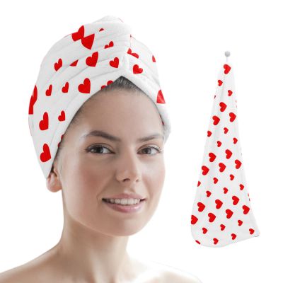 LIFEMUSION Microfiber Hair Towel Wrap 26" x 10", Red Love Heart Filling Quick-Dry Hair Drying Towel with Button Design for Curly, Long, Thick Hair, Happy Valentines