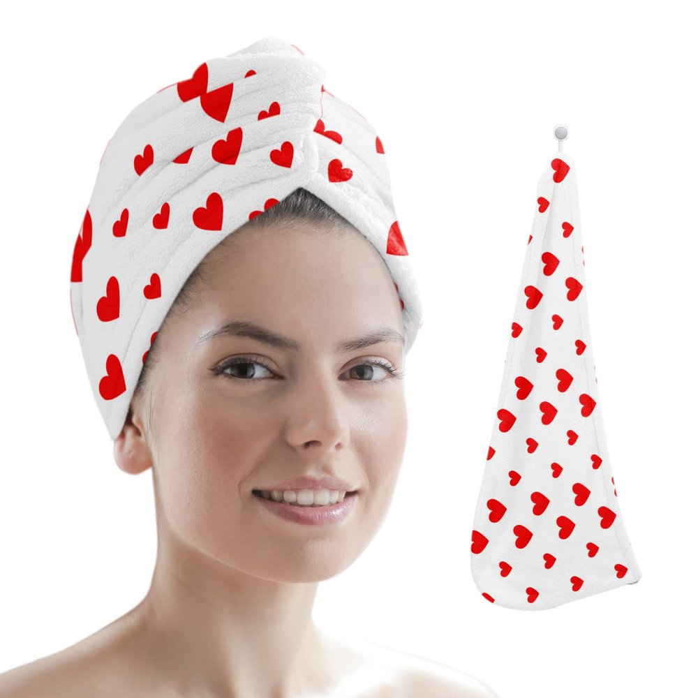 LIFEMUSION Microfiber Hair Towel Wrap 26" x 10", Red Love Heart Filling Quick-Dry Hair Drying Towel with Button Design for Curly, Long, Thick Hair, Happy Valentines