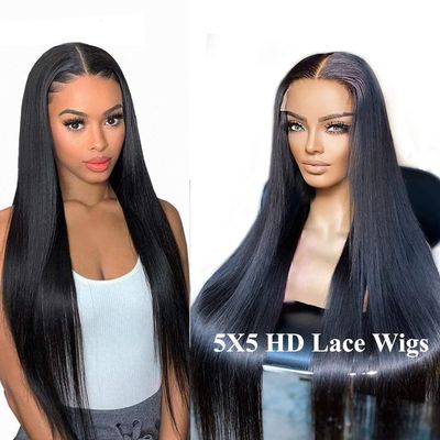 Forawme Silky Straight Brazilian Virgin Transparent Lace Closure Wigs For Women 16 Inch 180 Density Pre Plucked Invisible Hd Closureal Lace Wigs Human Hair 5X5 Deep Space