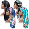 4PCS Long Satin Bonnet Sleep Cap,Black Extra Large Silk Bonnet for Natural Hair, Bonnets for Women Night Sleep,Wide Elastic Band, Very Soft & Comfortable (Black,3 Floral Patterns) view 1