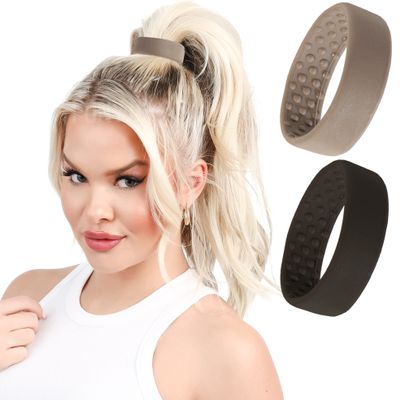 2 Large PONY-O Bendable Hair Ties, Ponytail Holders: for Thicker or Heavy Hair, Secure, Comfortable & Non-Damaging (Black & Light Brown)