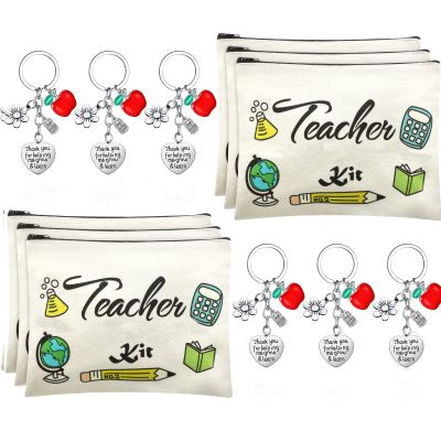 12 PCS Teacher Appreciation Gift Set 6 Teacher Kit Makeup Cosmetic Bags and 6 Teacher Keychains Valentines Graduation Gifts for Teacher (Classic Style)