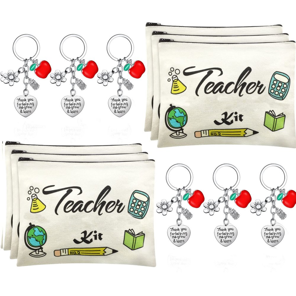 12 PCS Teacher Appreciation Gift Set 6 Teacher Kit Makeup Cosmetic Bags and 6 Teacher Keychains Valentines Graduation Gifts for Teacher (Classic Style)