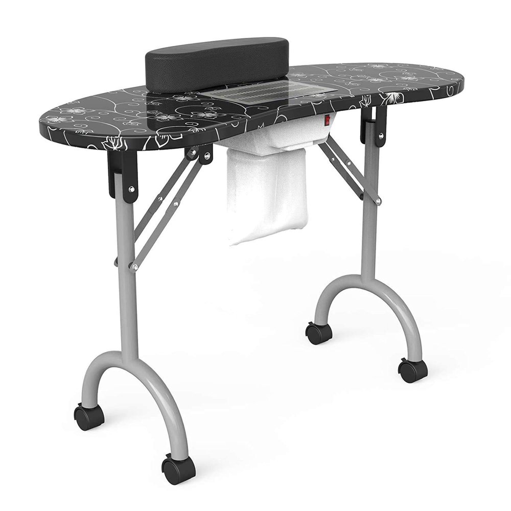 Manicure Nail Table - Portable Folding Nail Station, Manicure Table Nail Tables for Technician, Nail Desk Dust Collector, 4 Lockable Wheels, Carrying Bag 35.4inch x 14.5inch x 28.7inch, Black&white