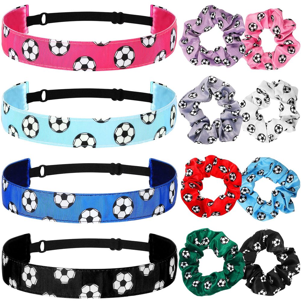 12 Pack Christmas Soccer Gifts for Girls Bulk Include 4 Pcs Adjustable No Slip Soccer Headbands 8 Pcs Hair Scrunchies Hair Ties Sport Football Accessories Gifts for Girls Women Players Coaches Team