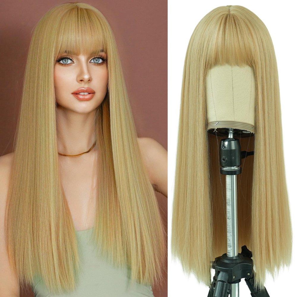7JHH WIGS Blonde Wig With Bang For Women Long Straight Blonde Wig Synthetic Wig For Girl Emo Cosplay And Daily Use23" Blonde