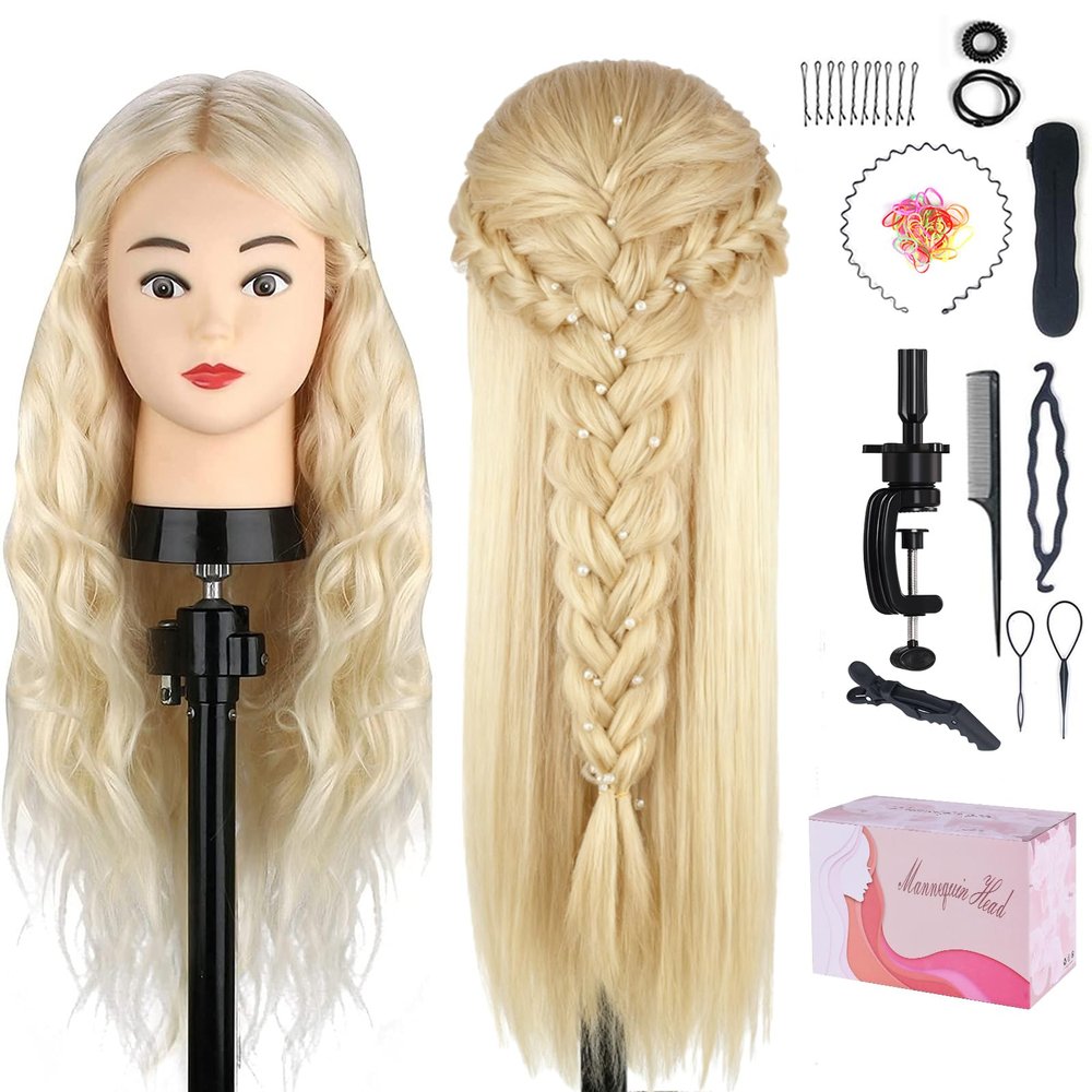 Beauty Star Mannequin Head with 80% Real Human Hair, Doll Head for Hair Styling, Cosmetology Training Manikin Practice Head with Clamp Stand and Braiding Kit (Suitable for Straightening, Curling)