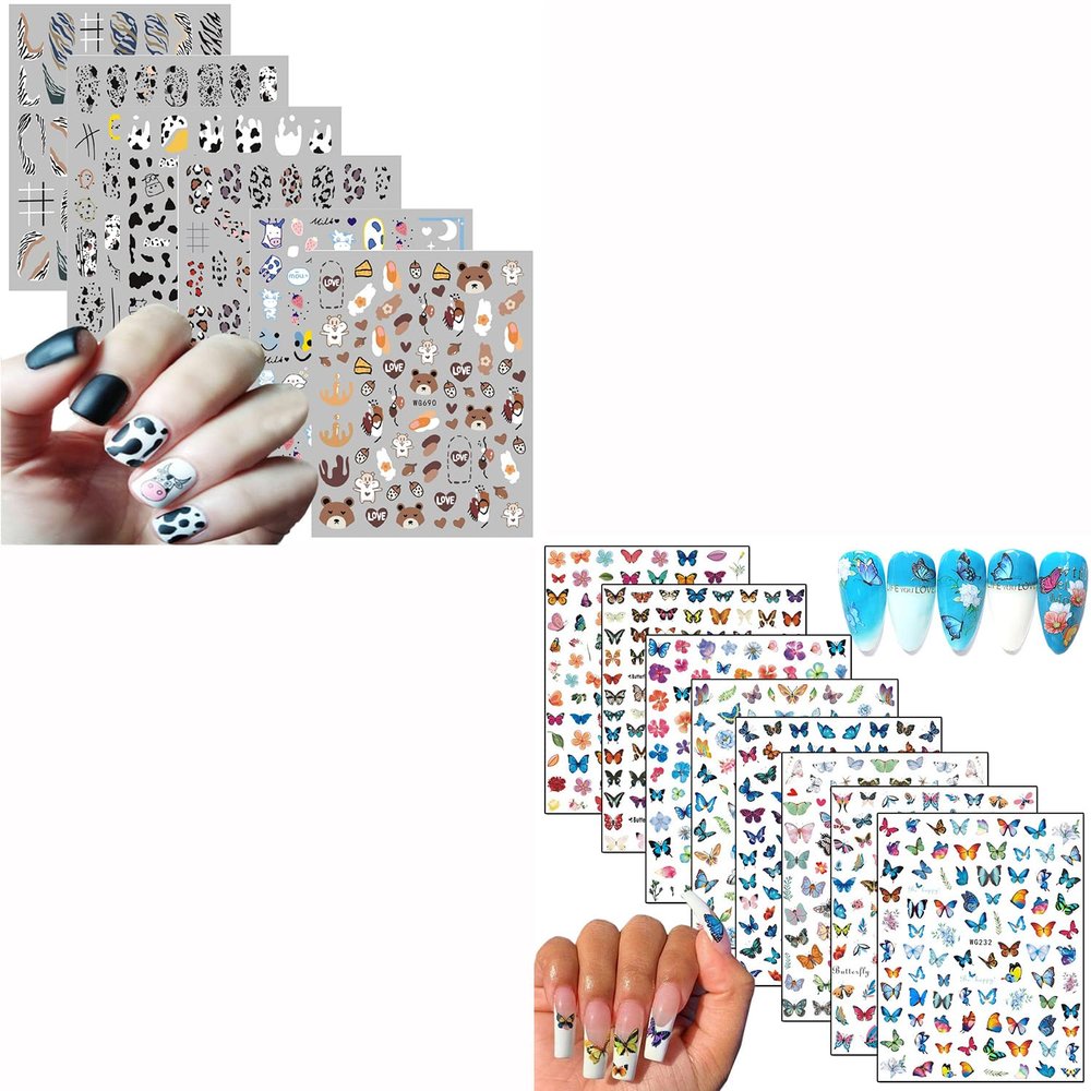 6 Sheets Cow Print Nail Stickers and 8 Sheets Butterfly Nail Stickers