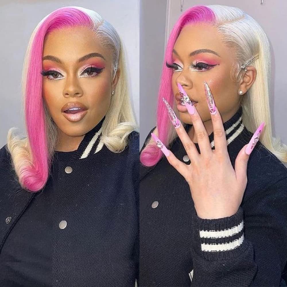 16 Inch Pink Lace Bob Wigs Remy Hair Silky Straight 13x6 Lace Front Wig Swiss Lace for Women 150% Density Middle Part Pink Bob wigs Bleached Knots with Baby Hair Pre Plucked Ombre Blonde Bob Wigs