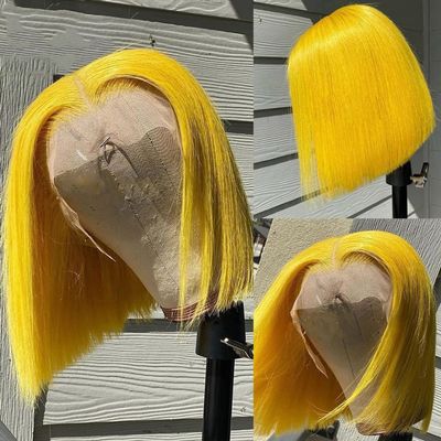 13x4 Human Hair Wigs Yellow Short Lace Front Wigs Middle Part Brazilian Glueless Lace Wig Baby Hair Pre Plucked with Baby Hair for Black Women 16" 150% Density
