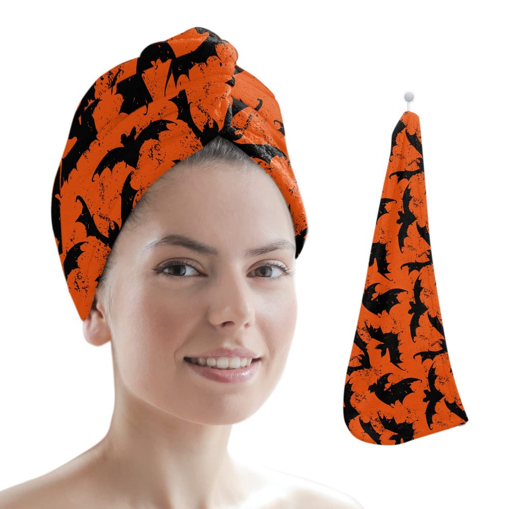 JasmineM Microfiber Hair Towel Wrap for Women, Halloween Bat Super Absorbent Hair Drying Towels, Quick Dry Hair Turban for Curly Hair, Wet Hair, Long & Thick Hair, Orange Black
