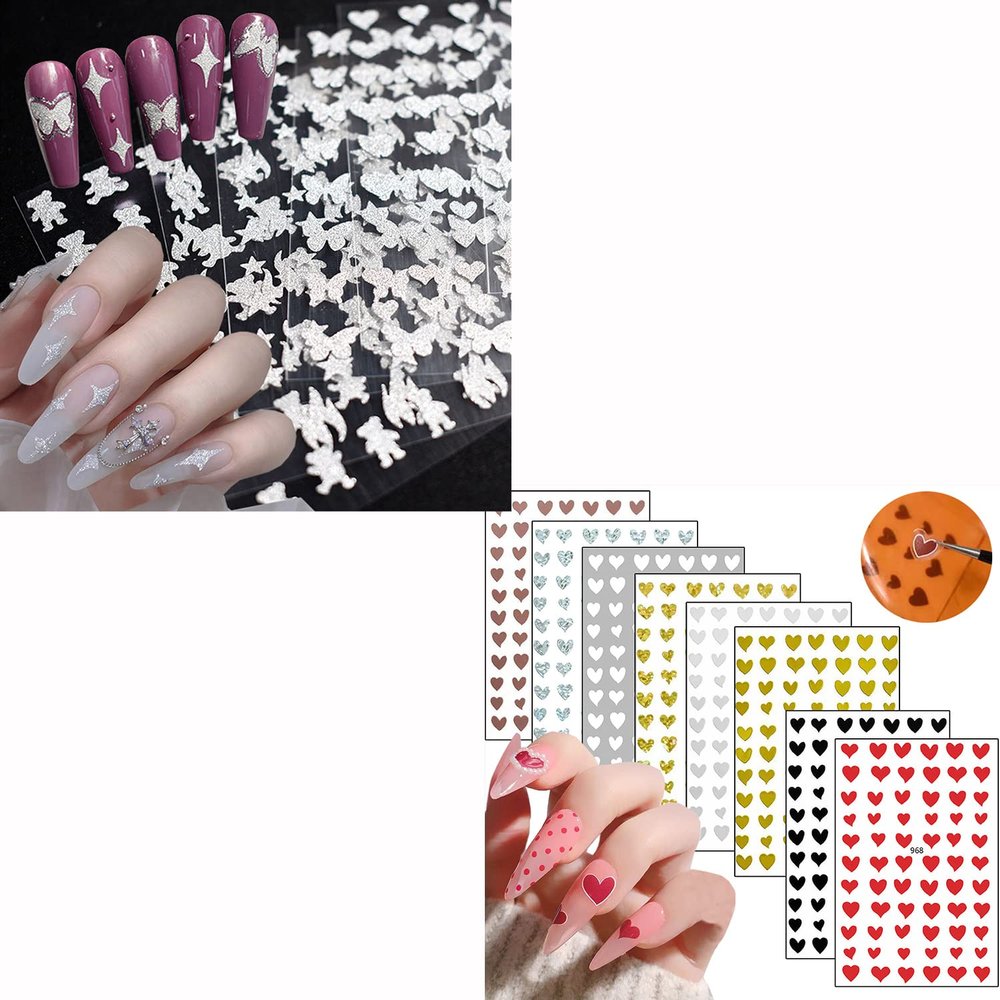 6 Sheets Silver Nail Stickers and 8 Sheets Heart Nail Stickers