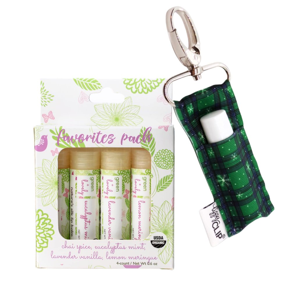 Nature's Silk Lip Balm, Organic (4-pack with Snowy Green Plaid Keychain)