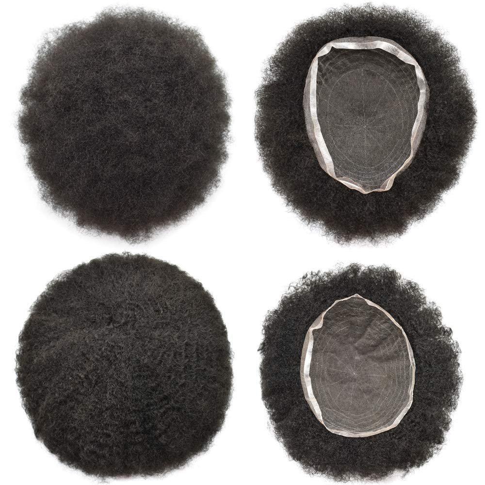 Afro Curly Mens Toupee Full Swiss Lace African American Wigs All Transparent Lace Hairpiece Replacement Kinky Curly Human Hair System for Black Men 8 "x 10"SINGA HAIR (8mm Afro Wavy, 1B# Natural Black)