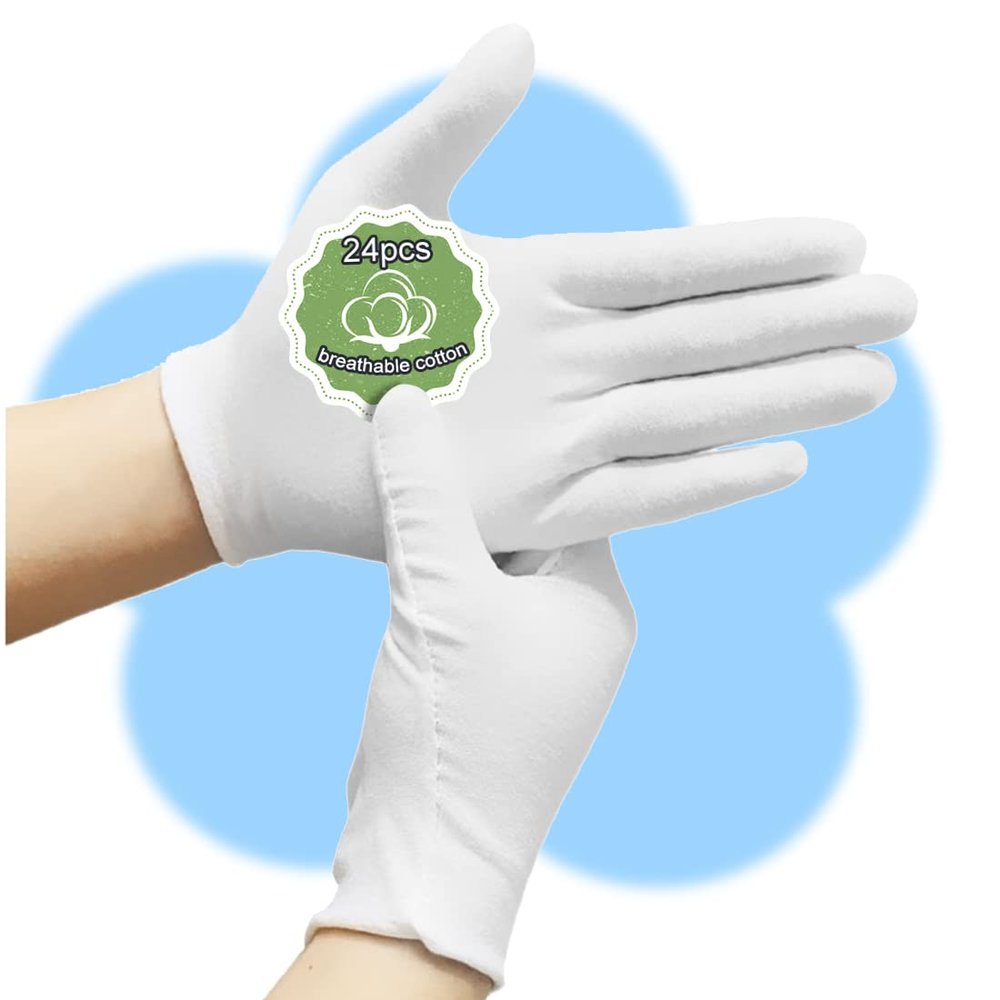 24Pcs Moisturizing Cotton Gloves: Sleeping Cotton Gloves Eczema for Dry Hands Work Gloves for Men and Women Stretchable Reusable Cloth Gloves for Spa Lotion Coin Jewelry Silver Inspection(M)