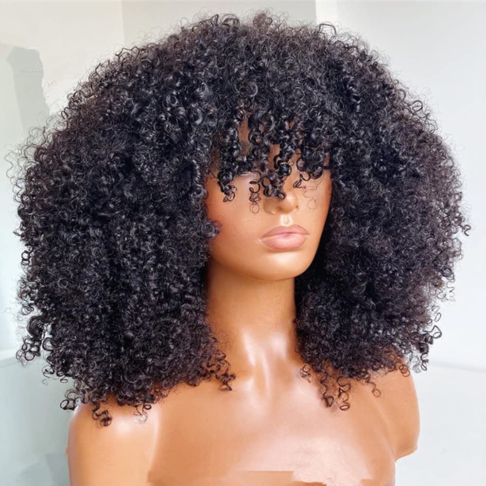 Fabutio Afro Kinky Curly Wig Natural Black Color With Bangs Full Machine Made Scalp Top Wig 200% Density Remy Brazilian Human Hair Short Curl None Lace Front Wig 12 Inch