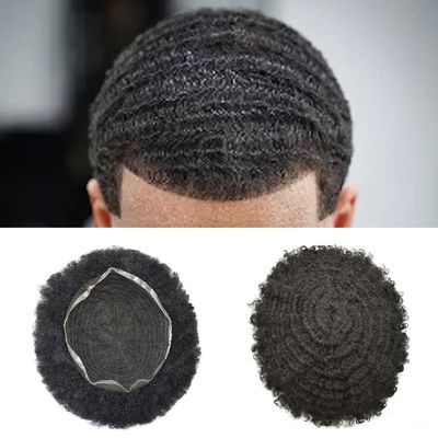 French Lace Afro Wig Black Brazilian Wave Curly Tight Hair System Breathable Natural Mens Toupee Afro-American Black Man Hairpieces (#1B Off Black, 10mm-wave)