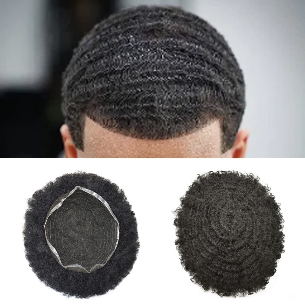French Lace Afro Wig Black Brazilian Wave Curly Tight Hair System Breathable Natural Mens Toupee Afro-American Black Man Hairpieces (#1B Off Black, 10mm-wave)