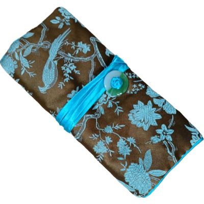 Only My Live Home Jade Buckle Silk Brocade Cloth Jewelry Roll Organizer for Women Travel Portable BagFoldable Jewellery Storage Pouches with Rope (brown)