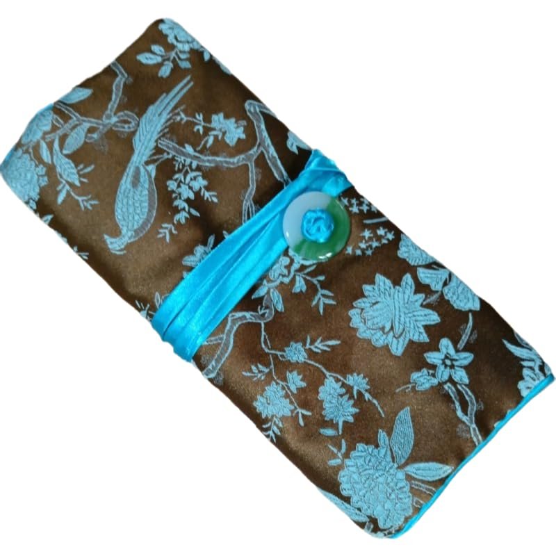 Only My Live Home Jade Buckle Silk Brocade Cloth Jewelry Roll Organizer for Women Travel Portable BagFoldable Jewellery Storage Pouches with Rope (brown)
