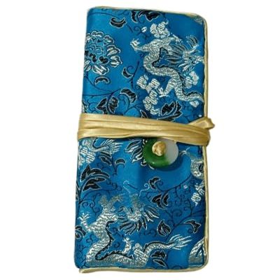 Only My Live Home Jade Handcraft Travel Jewelry Roll Bag 3 Zipper Folding Storage Pouches Silk Brocade Cosmetic Makeup Packaging Clutch Purse Gift (lake blue)