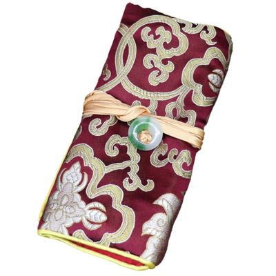 Only My Live Home Jade Buckle Silk Brocade Cloth Jewelry Roll Organizer for Women Travel Portable BagFoldable Jewellery Storage Pouches with Rope (beige)