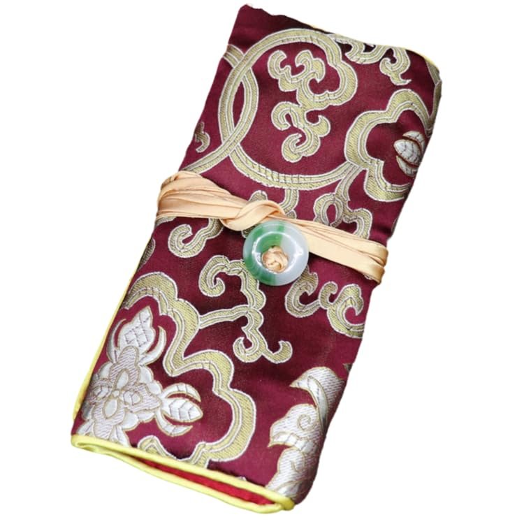Only My Live Home Jade Buckle Silk Brocade Cloth Jewelry Roll Organizer for Women Travel Portable BagFoldable Jewellery Storage Pouches with Rope (beige)