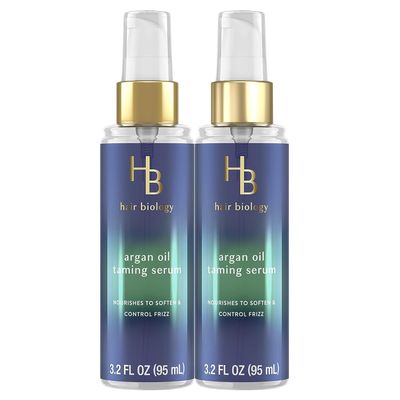 Hair Biology Argan Oil Taming Serum, Twin Pack, 3.2 Fl Oz Each  Hair Serum Nourishes to Soften & Control Frizz. Infused with Biotin  Dry Hair Treatment, Safe for Color Treated Hair