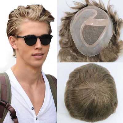 HAPPY&CC Human Hair Men Toupee Wigs Mono Lace With Clear Poly Around Hair Piece For Men Systems Size 10x8 Inch 6 Inch Length Blonde Color #18