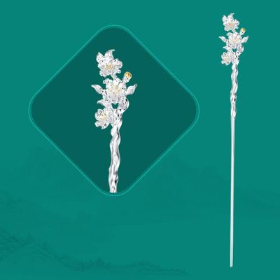 1 Piece Vintage Hair Sticks 12 Months Hairpin, S925 Sterling Silver Hair Chopsticks, Ornate Gilded Embellishment Flower Hair Sticks, Chinese Hair Bun Eternal Jewelry for Bride Women Girl, March Peac