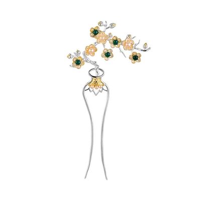 Hair Sticks And Forks for Buns, Vintage Pearl U Shaped Hair Forks for Women, 925 Sterling Silver Unique Vase Plum French U Hair Sticks With Tassel 2 Prongs Updo Chignon Pins, Pearl&Green Agate