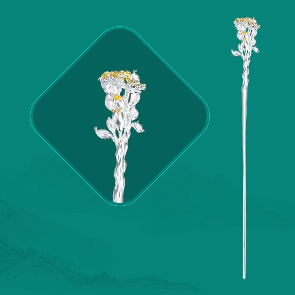 1 Piece Vintage Hair Sticks 12 Months Hairpin, S925 Sterling Silver Hair Chopsticks, Ornate Gilded Embellishment Flower Hair Sticks, Chinese Hair Bun Eternal Jewelry for Bride Women Girl, May Pomegr