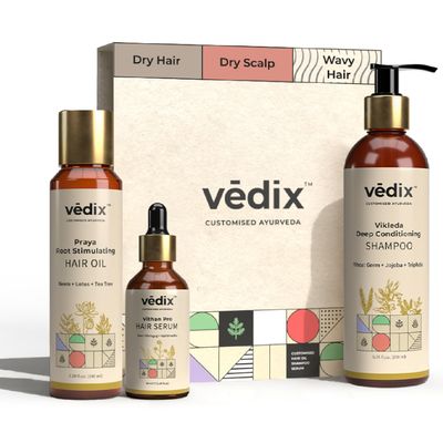 Vedix 3-Step Ayurvedic Hair Smoothing & Hydration Regimen for Dry Scalp - Dry & Wavy Hair Care Set Onion & Licorice Oil, Sulfate-Free Shampoo & Lightweight Serum for Hair