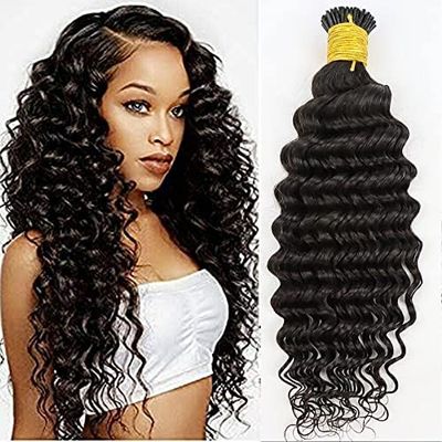 Deep Curly I Tip Human Hair Extension Brazilian Remy Hair Microlink Pre Bonded Keratin Curly Stick I Tip Hair Micro Beads Black Brown Color 100g 100Strands (14inch 100strands, #1(Jet Black))