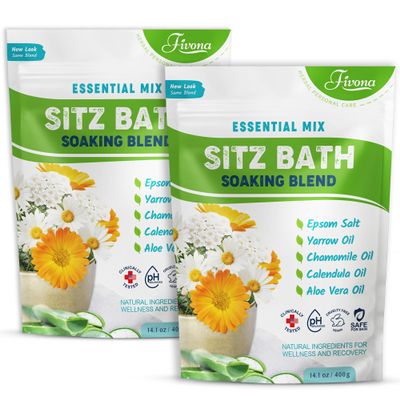 Fivona All Natural Sitz Bath Soaking Blend - Epsom Salt with Pure Essentials Oils - for Hemorrhoid, Fissure, Postpartum Care, Bartholin Cyst Treatment - Essential Mix - 2 Pack (14.1 oz Each)