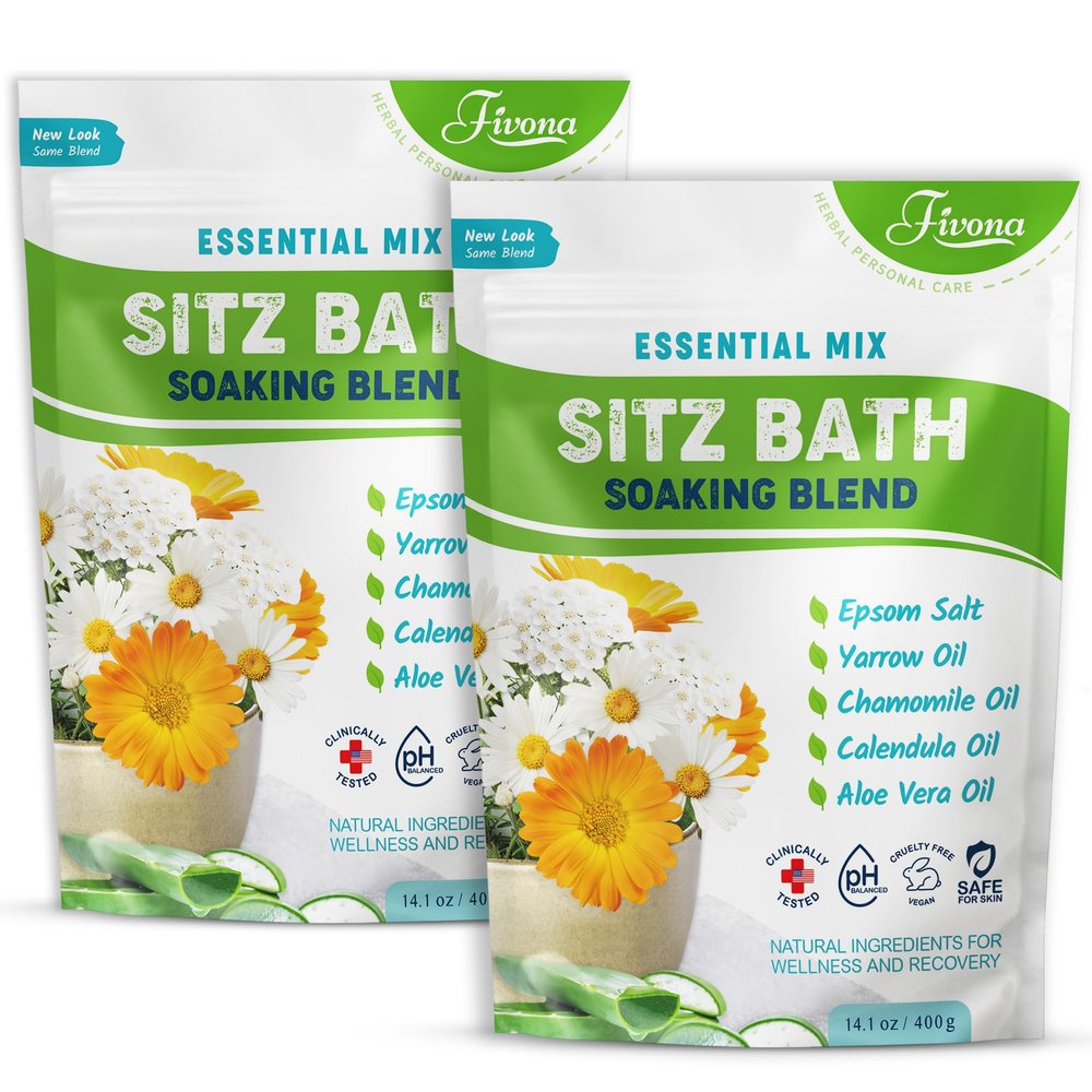 Fivona All Natural Sitz Bath Soaking Blend - Epsom Salt with Pure Essentials Oils - for Hemorrhoid, Fissure, Postpartum Care, Bartholin Cyst Treatment - Essential Mix - 2 Pack (14.1 oz Each)