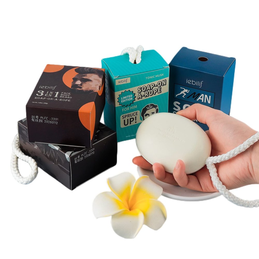 IeBilif Men Bar Soap On a Rope Pack of 4 Bath Soap for Face Body Natural Hydrating Soap Bar for Men and Women,7.02 Ounce each