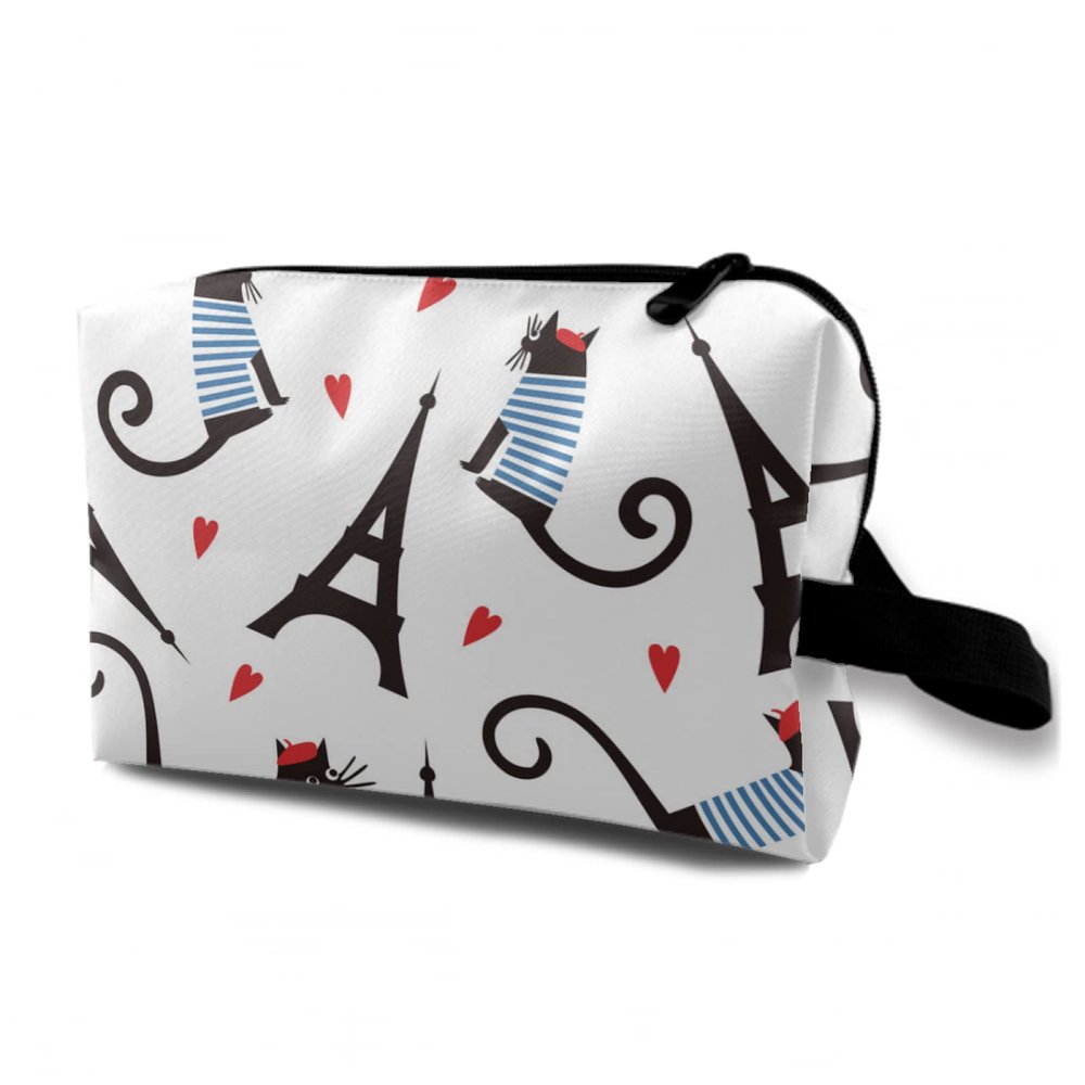 TropicalLife NIXUX Cosmetic Bag for Women Paris Tower and Cat Patterns Make up Bag Travel Waterproof Toiletry Bag Zipper Portable Small Pencil Brushes Bag with Handle Strap