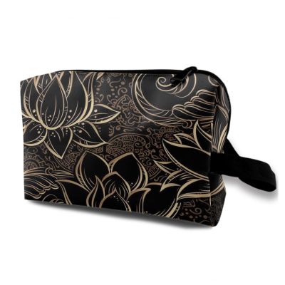 TropicalLife NIXUX Cosmetic Bag for Women Golden Lotus Make up Bag Travel Waterproof Toiletry Bag Zipper Portable Small Pencil Brushes Bag with Handle Strap