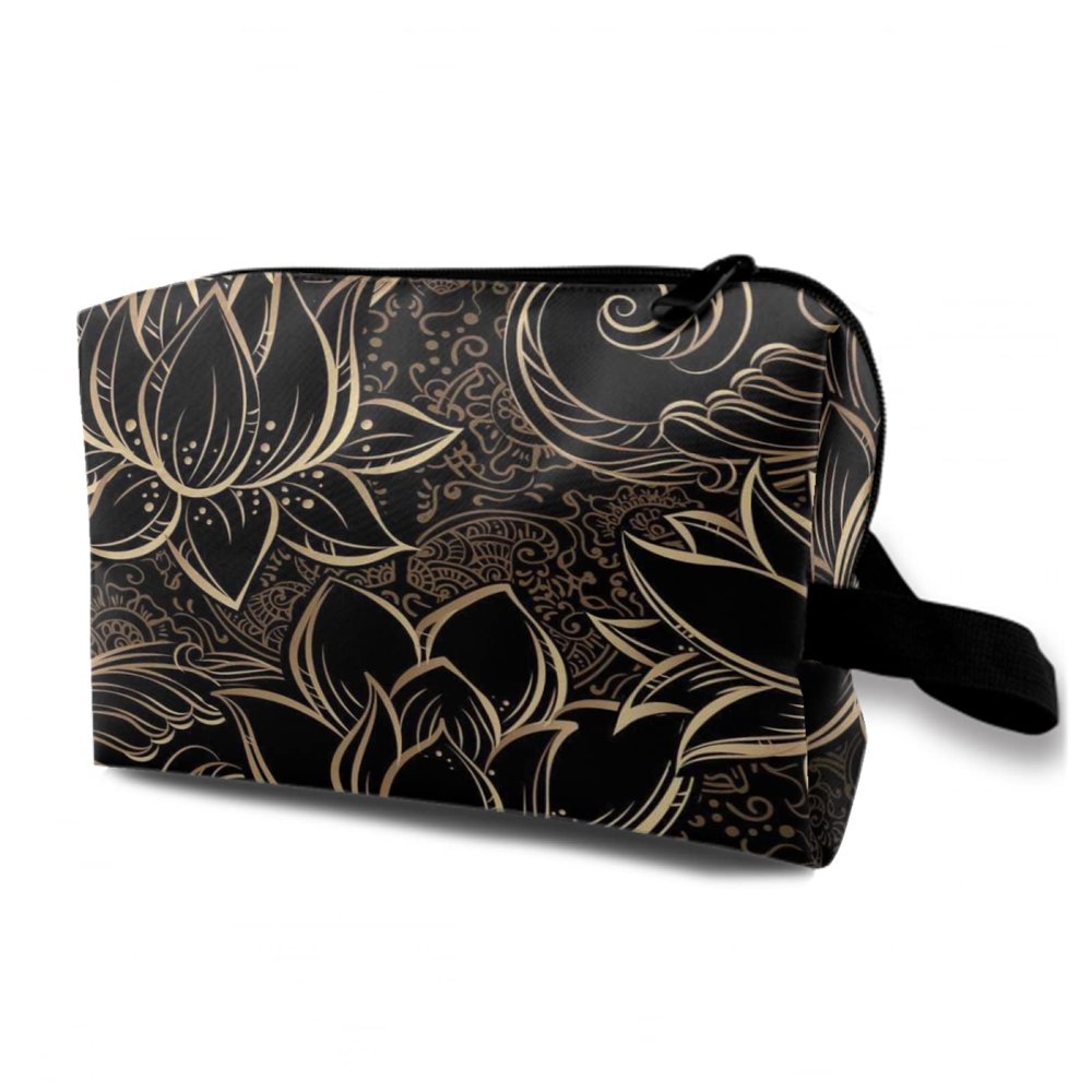 TropicalLife NIXUX Cosmetic Bag for Women Golden Lotus Make up Bag Travel Waterproof Toiletry Bag Zipper Portable Small Pencil Brushes Bag with Handle Strap