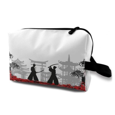 TropicalLife NIXUX Cosmetic Bag for Women Japanese Fighting Samurai Make up Bag Travel Waterproof Toiletry Bag Zipper Portable Small Pencil Brushes Bag with Handle Strap