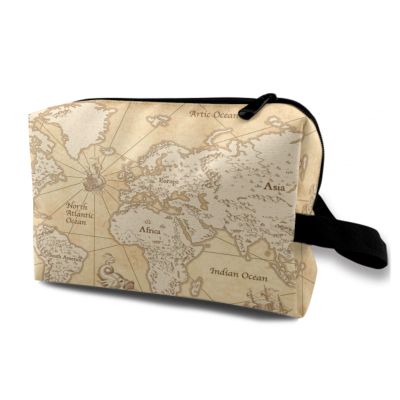 TropicalLife NIXUX Cosmetic Bag for Women Vintage Nautical Map Make up Bag Travel Waterproof Toiletry Bag Zipper Portable Small Pencil Brushes Bag with Handle Strap