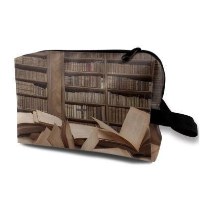 TropicalLife NIXUX Cosmetic Bag for Women Library Pattern Make up Bag Travel Waterproof Toiletry Bag Zipper Portable Small Pencil Brushes Bag with Handle Strap